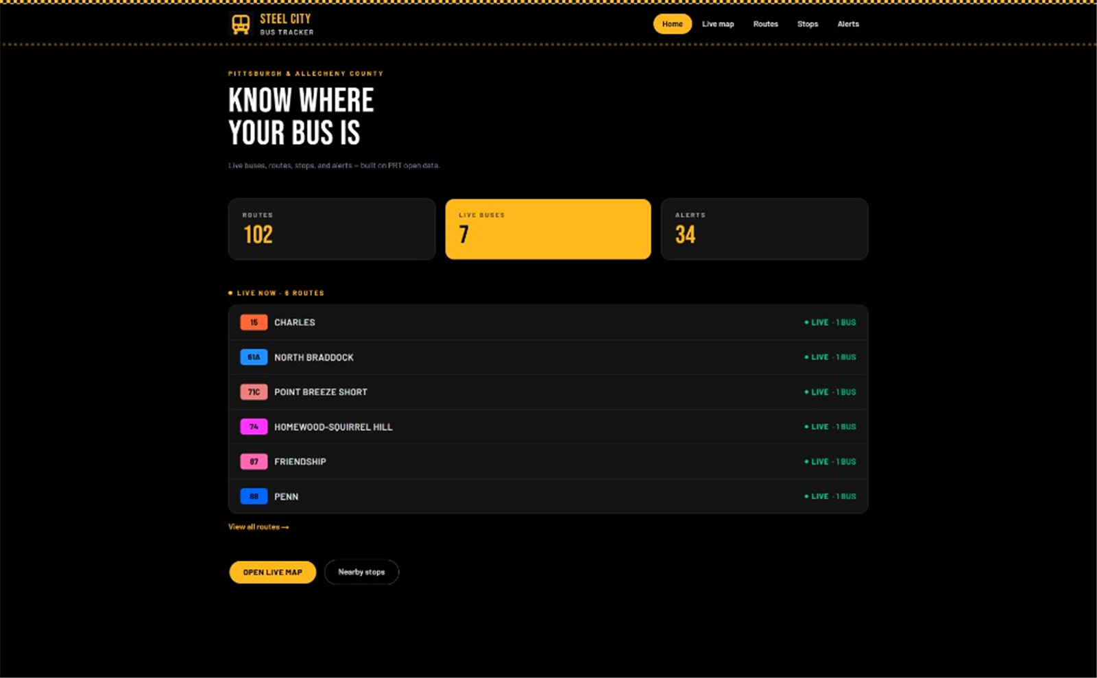 Steel City Bus Tracker home with live route counts and quick links